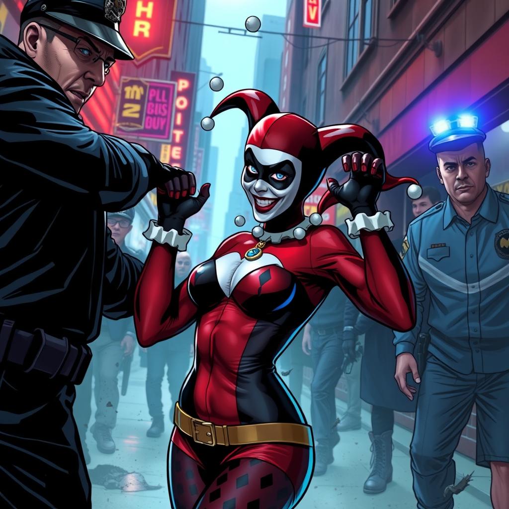 A dramatic scene depicting Harley Quinn in a stylish, chaotic environment as she is captured by authorities