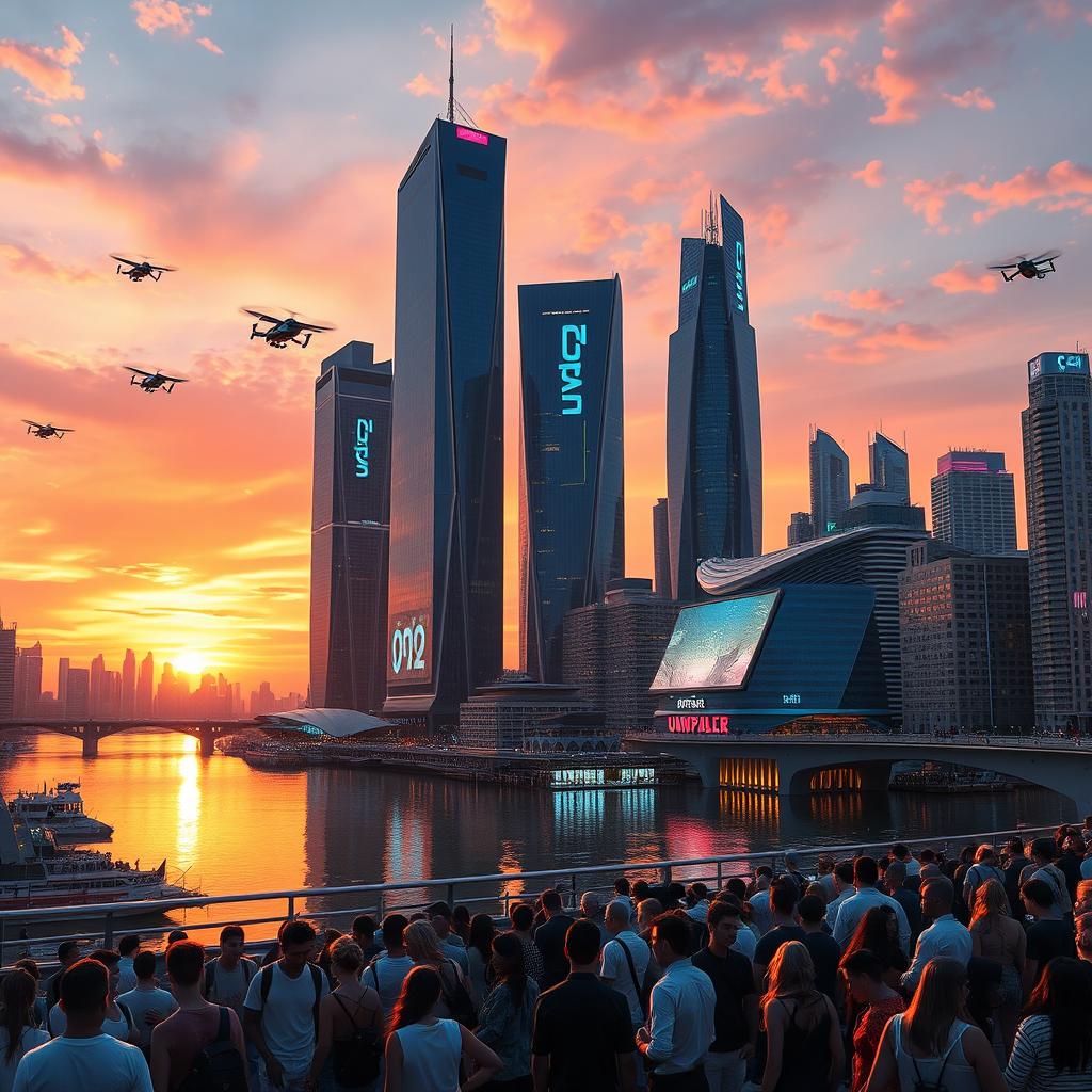 A futuristic cityscape at sunset, with towering neon-lit skyscrapers reflecting on a serene river