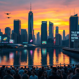 A futuristic cityscape at sunset, with towering neon-lit skyscrapers reflecting on a serene river