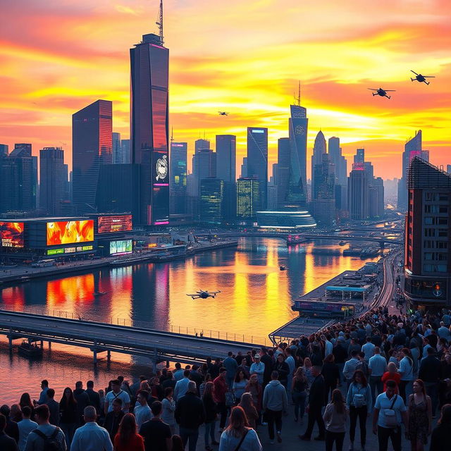 A futuristic cityscape at sunset, with towering neon-lit skyscrapers reflecting on a serene river