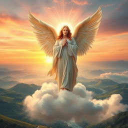 A majestic guardian angel stands atop a serene cloud, radiating a warm golden light, with large, ethereal wings elegantly spread