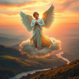 A majestic guardian angel stands atop a serene cloud, radiating a warm golden light, with large, ethereal wings elegantly spread