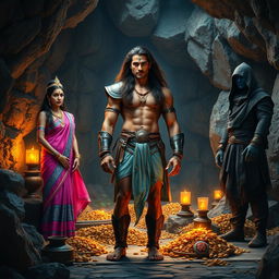 A high-resolution wide shot featuring an Indian warrior standing at the center, muscular with curves, long flowing brown hair, and a clear sharp face with striking eyes