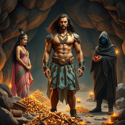 A high-resolution wide shot featuring an Indian warrior standing at the center, muscular with curves, long flowing brown hair, and a clear sharp face with striking eyes