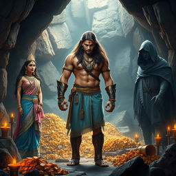A high-resolution wide shot featuring an Indian warrior standing at the center, muscular with curves, long flowing brown hair, and a clear sharp face with striking eyes