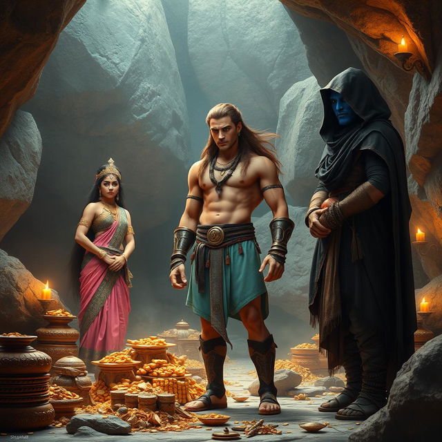 A high-resolution wide shot featuring an Indian warrior standing at the center, muscular with curves, long flowing brown hair, and a clear sharp face with striking eyes