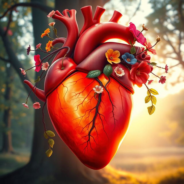 A visually stunning representation of a human heart, anatomically detailed and connected to vibrant, colorful vines and flowers symbolizing emotions