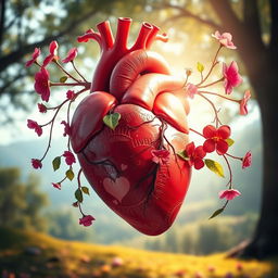 A visually stunning representation of a human heart, anatomically detailed and connected to vibrant, colorful vines and flowers symbolizing emotions