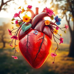 A visually stunning representation of a human heart, anatomically detailed and connected to vibrant, colorful vines and flowers symbolizing emotions