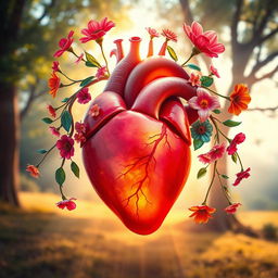 A visually stunning representation of a human heart, anatomically detailed and connected to vibrant, colorful vines and flowers symbolizing emotions