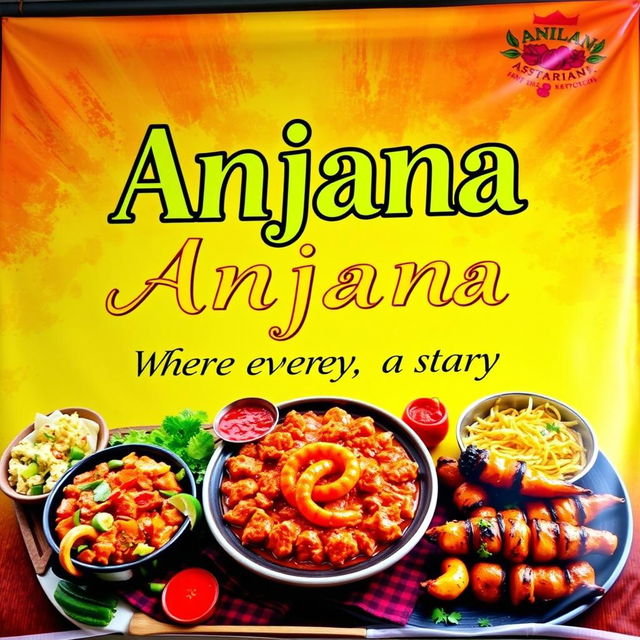 A vibrant and colorful banner for 'Anjana Restaurant' featuring bold, captivating typography for the restaurant name