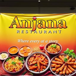 A vibrant and colorful banner for 'Anjana Restaurant' featuring bold, captivating typography for the restaurant name