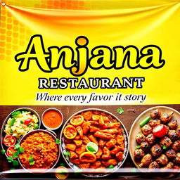 A vibrant and colorful banner for 'Anjana Restaurant' featuring bold, captivating typography for the restaurant name