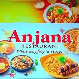 A vibrant and colorful banner for 'Anjana Restaurant' featuring bold, captivating typography for the restaurant name