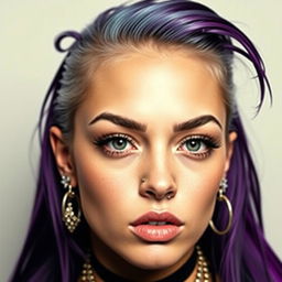 A striking portrait of a woman adorned with multiple piercings, showcasing a unique and bold style