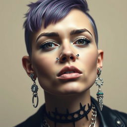 A striking portrait of a woman adorned with multiple piercings, showcasing a unique and bold style