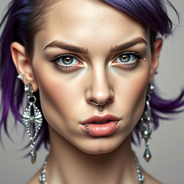 A striking portrait of a woman adorned with multiple piercings, showcasing a unique and bold style