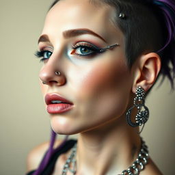 A striking portrait of a woman adorned with multiple piercings, showcasing a unique and bold style
