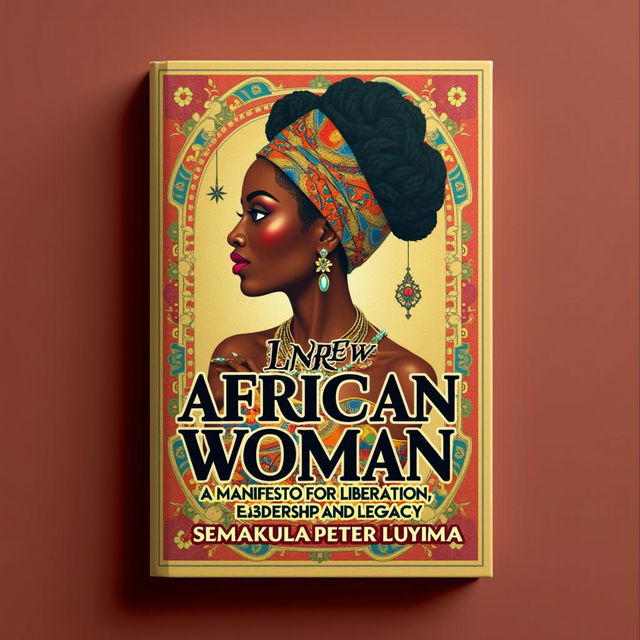 A stunning book cover for 'THE NEW AFRICAN WOMAN: A MANIFESTO FOR LIBERATION, LEADERSHIP, AND LEGACY', featuring a beautiful African woman as the central figure