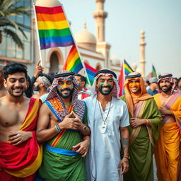 A vibrant and expressive celebration of Saudi LGBTQ culture, showcasing a group of diverse individuals dressed in colorful attire symbolizing their pride and identity