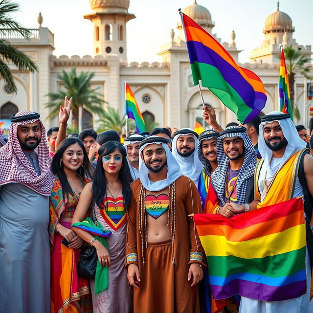 A vibrant and expressive celebration of Saudi LGBTQ culture, showcasing a group of diverse individuals dressed in colorful attire symbolizing their pride and identity