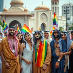 A vibrant and expressive celebration of Saudi LGBTQ culture, showcasing a group of diverse individuals dressed in colorful attire symbolizing their pride and identity