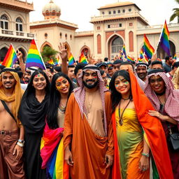 A vibrant and expressive celebration of Saudi LGBTQ culture, showcasing a group of diverse individuals dressed in colorful attire symbolizing their pride and identity