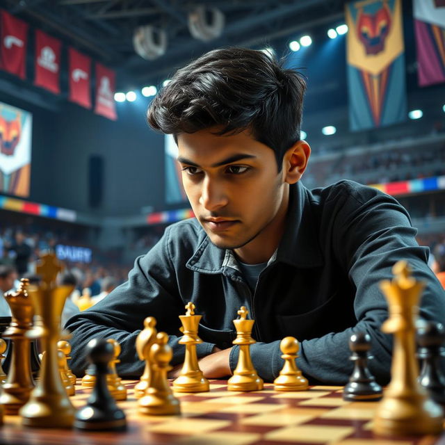 A dynamic and inspirational scene featuring world chess champion Gukesh D