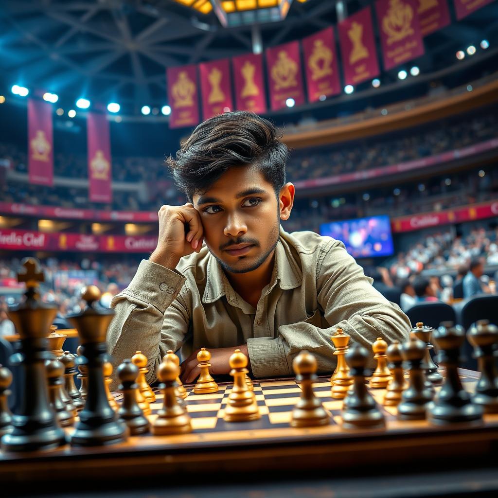 A dynamic and inspirational scene featuring world chess champion Gukesh D