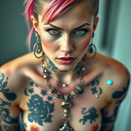 A mesmerizing image of a woman covered in body piercings, showcasing her individuality and artistic expression