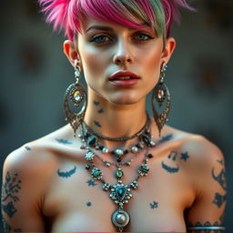 A mesmerizing image of a woman covered in body piercings, showcasing her individuality and artistic expression