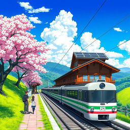 A picturesque anime-style railway station nestled in a vibrant Japanese landscape