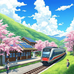 A picturesque anime-style railway station nestled in a vibrant Japanese landscape