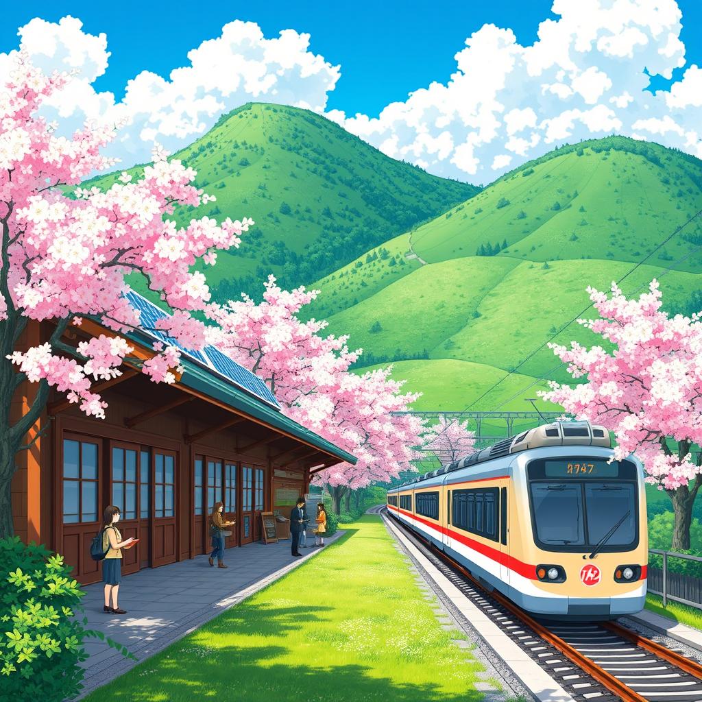 A picturesque anime-style railway station nestled in a vibrant Japanese landscape
