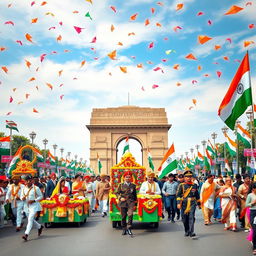 A celebration of Indian Republic Day featuring a vibrant parade with traditional cultural displays, showcasing diverse Indian states