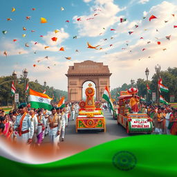A celebration of Indian Republic Day featuring a vibrant parade with traditional cultural displays, showcasing diverse Indian states