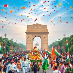 A celebration of Indian Republic Day featuring a vibrant parade with traditional cultural displays, showcasing diverse Indian states