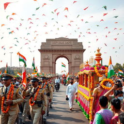 A celebration of Indian Republic Day featuring a vibrant parade with traditional cultural displays, showcasing diverse Indian states