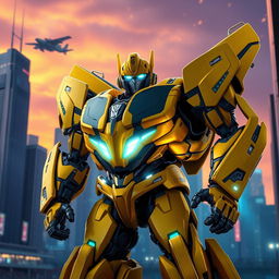 In a futuristic city, Bumblebee, a sleek and powerful Autobot, stands tall in his Prime form, radiating energy and strength