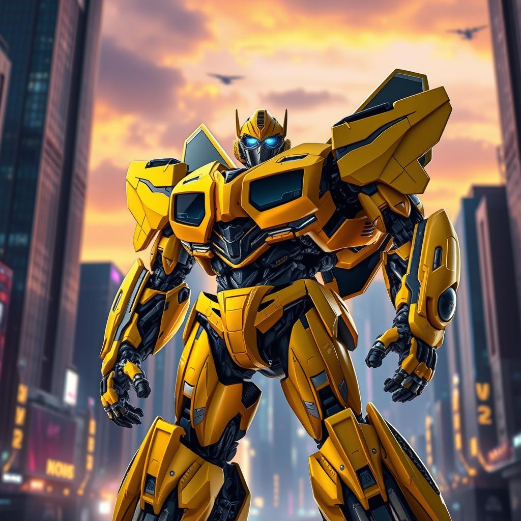 In a futuristic city, Bumblebee, a sleek and powerful Autobot, stands tall in his Prime form, radiating energy and strength