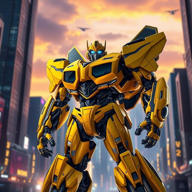 In a futuristic city, Bumblebee, a sleek and powerful Autobot, stands tall in his Prime form, radiating energy and strength