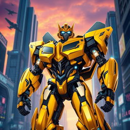 In a futuristic city, Bumblebee, a sleek and powerful Autobot, stands tall in his Prime form, radiating energy and strength