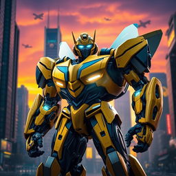 In a futuristic city, Bumblebee, a sleek and powerful Autobot, stands tall in his Prime form, radiating energy and strength