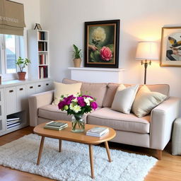 A cozy, well-decorated room with a comfortable sofa, a coffee table with a vase of fresh flowers, and soft throw pillows