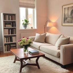 A cozy, well-decorated room with a comfortable sofa, a coffee table with a vase of fresh flowers, and soft throw pillows