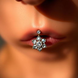 A captivating close-up image featuring body piercings, specifically a navel piercing and nipple piercings