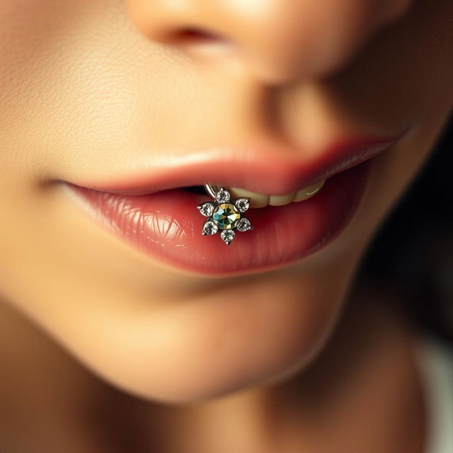 A captivating close-up image featuring body piercings, specifically a navel piercing and nipple piercings