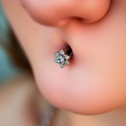 A captivating close-up image featuring body piercings, specifically a navel piercing and nipple piercings