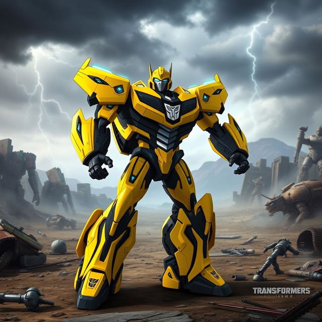 In an epic scene from Transformers Prime, Bumblebee is depicted in his impressive Prime form, showcasing his sleek yellow and black armor adorned with Prime insignias