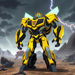 In an epic scene from Transformers Prime, Bumblebee is depicted in his impressive Prime form, showcasing his sleek yellow and black armor adorned with Prime insignias